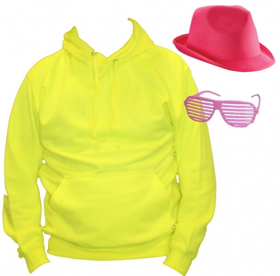 80s Neonkostüm Kostüm 3 Teile 80 ziger Jahre Set Hoodie, Cap, Brille Neongelb S M L XL XXL und Kinderkostüm 3/4 5/6 7/8 9/11 12/13 Jahre