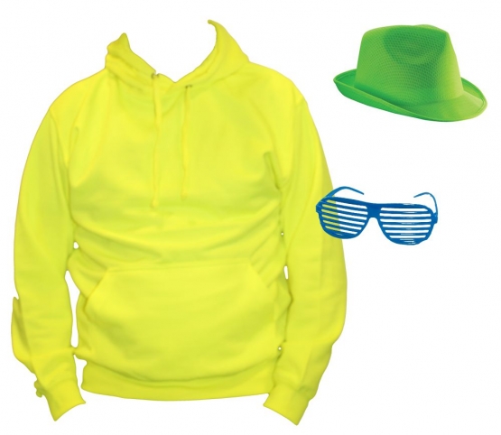 80s Neonkostüm Kostüm 3 Teile 80 ziger Jahre Set Hoodie, Cap, Brille Neongelb S M L XL XXL und Kinderkostüm 3/4 5/6 7/8 9/11 12/13 Jahre