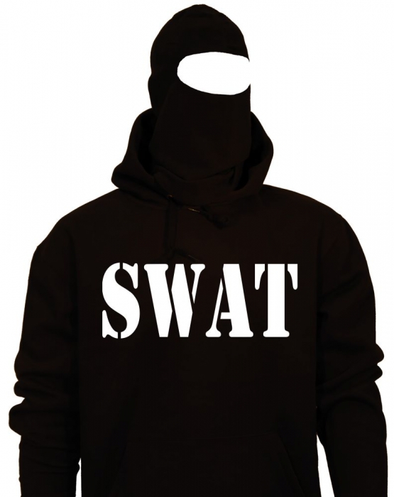 SWAT Kostüm EINSATZKOMMANDO Set Sturmhaube + T-Shirt oder Kapuzensweatshirt schwarz S M L XL XXL 3XL 4XL 5XL und Kinderkostüm 104 116 128 140 152 164cm