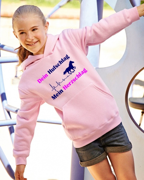 Dein Hufschlag - Mein Herzschlag ! Hoodie Sweatshirt mit Kapuze Gr. 116 128 140 152 164 cm Reiten Pferde