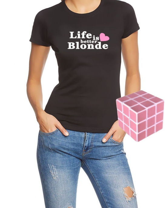 Blondinen Bundle Pink Zauberwürfel + T-Shirt LIFE IS BETTER BLONDE schwarz XS S M L XL XXL Shirt + Pink Cube GeschenkSet