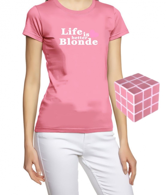 Blondinen Bundle Pink Zauberwürfel + T-Shirt LIFE IS BETTER BLONDE schwarz XS S M L XL XXL Shirt + Pink Cube GeschenkSet