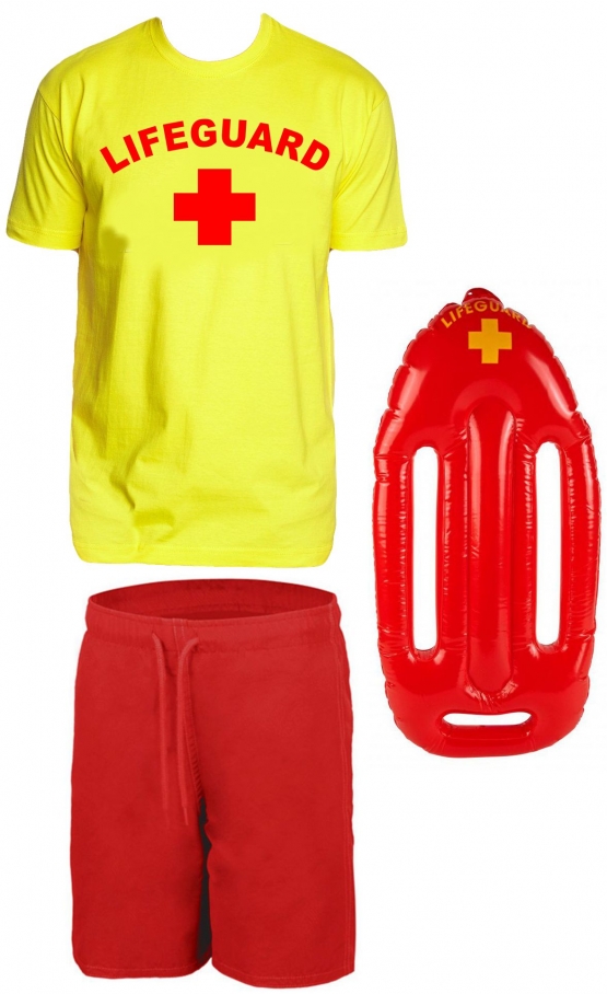 LIFEGUARD Kostüm Rettungsschwimmer Set T-Shirt, Schwimmboje, Badehose,  Rettungsweste Gelb S M L XL XXL 3XL 4XL 5XL