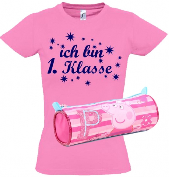 Einschulungsset Peppa Wutz Schlampertasche + T-Shirt zur Einschulung Kindergarten-Schule Ich bin 1.Klasse Gr. 92 - 140cm