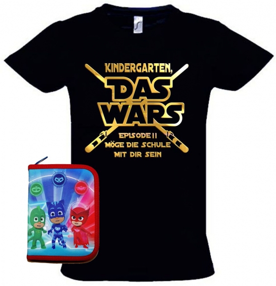 Einschulungsset PJMASK Federtasche + T-Shirt zur Einschung Kindergarten Das Wars Gr. 92 - 140cm