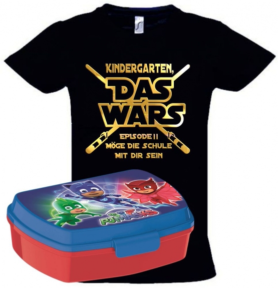 Einschulungsset PJMASK BROTDOSE + T-Shirt zur Einschung Kindergarten Das Wars Gr. 92 - 140cm