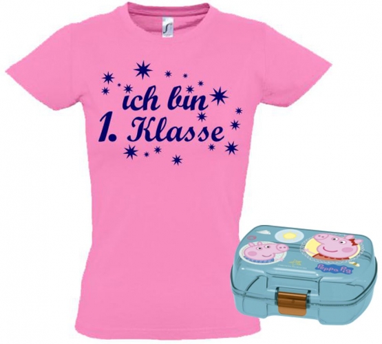 Einschulungsset Peppa Wutz Brotdose + T-Shirt zur Einschulung Kindergarten-Schule Ich bin 1.Klasse Gr. 92 - 140cm