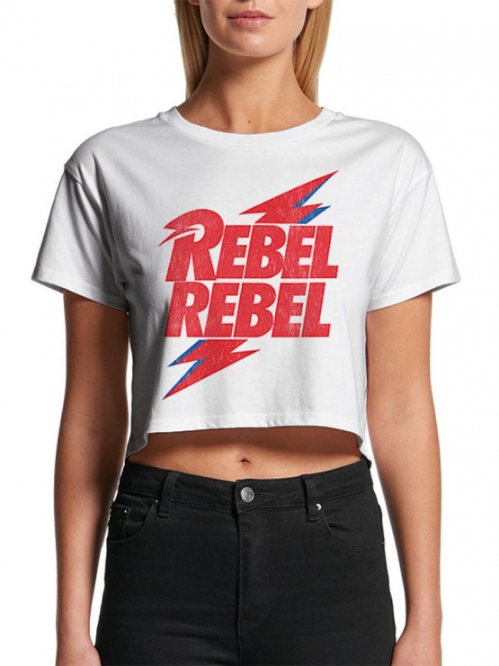 REBEL REBEL - DAVID BOWIE original crops TOP CROP Damen T-Shirt  Weiß kurz gschnitten S M L XL Freitag der 13. Horror Crop