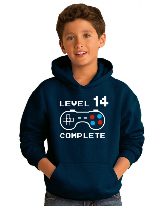 Level 14 complete T-Shirt oder Hoodie Sweatshirt für Kinder 14 Jahre Geburtstag Geschenk Gamer Konsole Gr. 152 164 cm oder Herren XS S M