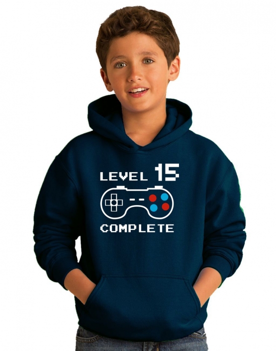 LEVEL 15 complete T-Shirt oder Hoodie Sweatshirt für Kinder 15 Jahre Geburtstag Geschenk Gamer Konsole Gr. 152 164 cm oder Herren XS S M