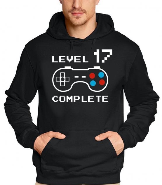 Level 17 complete T-Shirt oder Hoodie Sweatshirt für Kinder 17 JAHRE Geburtstag Geschenk Gamer Konsole Gr. XS S M L XL