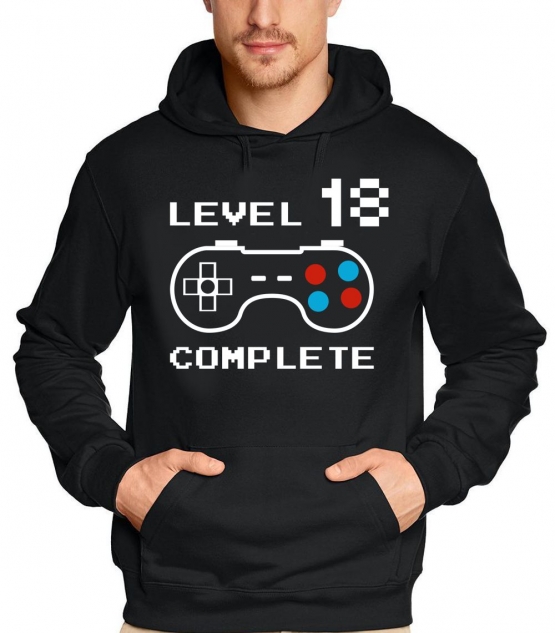 LEVEL 18 complete T-Shirt oder Hoodie Sweatshirt für Kinder 18 JAHRE Geburtstag Geschenk Gamer Konsole Gr. XS S M L XL XXL