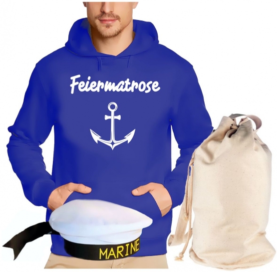 Matrosen Kostüm 3 Teile Partymatrose Tanzmatrose Feiermatrose Saufmatrose vers. zur Auswahl  Hoodie Sweatshirt mit Kapuze Gruppenkostüm + Seesack Gr.S M L XL XXL 3XL 4XL 5XL