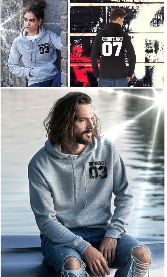 Partnerlook mit Wunschname & Wunschnummer Personalisierbar – Hoodie, Sweatshirt & Pullover für Pärchen, Familie & Freunde - Schwarz, Grau, Blau, Weiß, XS-5XL