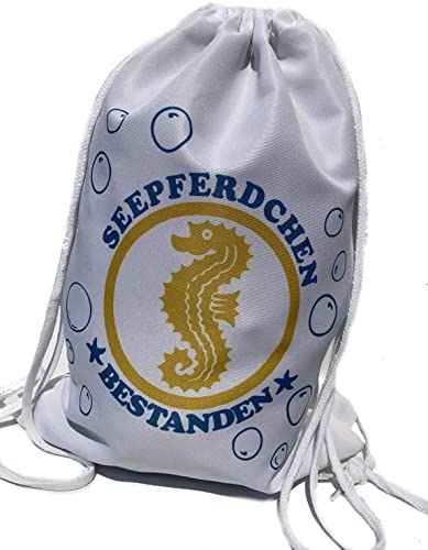 Seepferdchen Bestanden Kinder Beutel Rucksack Jungen + Mädchen Turnbeutel Schwimmen Lernen Schwimmunterricht Weiss Gymbag Taschwe Kita Schule Einschulung