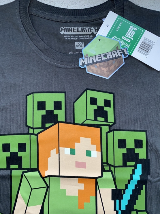 MINECRAFT KINDER T-Shirt grau ALEX Logo Gr. 6 7 8 9 10 11 12 13 14 15 Jahre 116 128 140 152