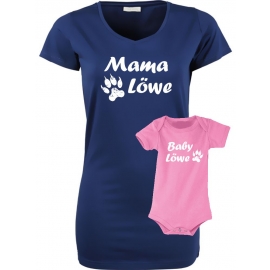 MAMA LÖWE + BABY LÖWE Long T-SHIRT + STRAMPLER - Set zur Geburt Mutter und Baby - ! Junge und Mädchen Strampler   S M L XL 2XL 3XL  Baby Body - Damen T-Shirt Extra Lang Strech