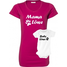 MAMA LÖWE + BABY LÖWE Long T-SHIRT + STRAMPLER - Set zur Geburt Mutter und Baby - ! Junge und Mädchen Strampler   S M L XL 2XL 3XL  Baby Body - Damen T-Shirt Extra Lang Strech