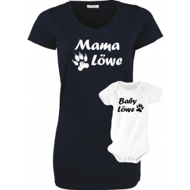 MAMA LÖWE + BABY LÖWE Long T-SHIRT + STRAMPLER - Set zur Geburt Mutter und Baby - ! Junge und Mädchen Strampler   S M L XL 2XL 3XL  Baby Body - Damen T-Shirt Extra Lang Strech