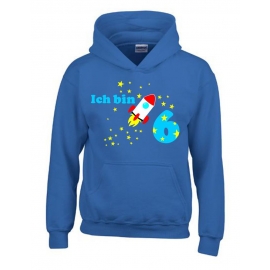 Ich bin 6 Jahre !  - Jahreszahl mit Rakete Sterne Kinder Geburtstag Sweatshirt mit Kapuze HOODIE für Jungen Birthday Gr. 116 cm, 128cm, 140cm Kindergeburtstag feiern, Einladung, Geschenk für Jungs