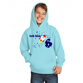 Ich bin 6 Jahre !  - Jahreszahl mit Rakete Sterne Kinder Geburtstag Sweatshirt mit Kapuze HOODIE für Jungen Birthday Gr. 116 cm, 128cm, 140cm Kindergeburtstag feiern, Einladung, Geschenk für Jungs