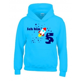 Ich bin 5 Jahre !  - Jahreszahl mit Rakete Sterne Kinder Geburtstag Sweatshirt mit Kapuze HOODIE für Jungen Birthday Gr. 116 cm, 128cm, 140cm Kindergeburtstag feiern, Einladung, Geschenk für Jungs