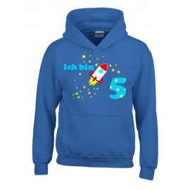 Ich bin 5 Jahre !  - Jahreszahl mit Rakete Sterne Kinder Geburtstag Sweatshirt mit Kapuze HOODIE für Jungen Birthday Gr. 116 cm, 128cm, 140cm Kindergeburtstag feiern, Einladung, Geschenk für Jungs