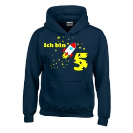 Ich bin 5 Jahre !  - Jahreszahl mit Rakete Sterne Kinder Geburtstag Sweatshirt mit Kapuze HOODIE für Jungen Birthday Gr. 116 cm, 128cm, 140cm Kindergeburtstag feiern, Einladung, Geschenk für Jungs