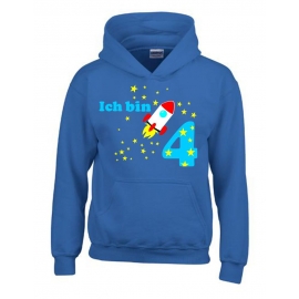 Ich bin 4 Jahre !  - Jahreszahl mit Rakete Sterne Kinder Geburtstag Sweatshirt mit Kapuze HOODIE für Jungen Birthday Gr. 116 cm, 128cm, 140cm Kindergeburtstag feiern, Einladung, Geschenk für Jungs