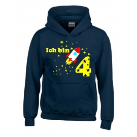 Ich bin 4 Jahre !  - Jahreszahl mit Rakete Sterne Kinder Geburtstag Sweatshirt mit Kapuze HOODIE für Jungen Birthday Gr. 116 cm, 128cm, 140cm Kindergeburtstag feiern, Einladung, Geschenk für Jungs