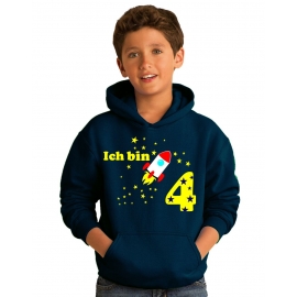 Ich bin 4 Jahre !  - Jahreszahl mit Rakete Sterne Kinder Geburtstag Sweatshirt mit Kapuze HOODIE für Jungen Birthday Gr. 116 cm, 128cm, 140cm Kindergeburtstag feiern, Einladung, Geschenk für Jungs