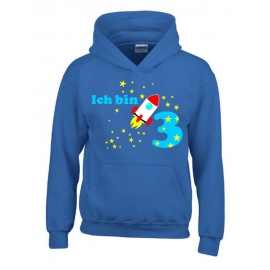 Ich bin 3 Jahre !  - Jahreszahl mit Rakete Sterne Kinder Geburtstag Sweatshirt mit Kapuze HOODIE für Jungen Birthday Gr. 116 cm, 128cm, 140cm Kindergeburtstag feiern, Einladung, Geschenk für Jungs