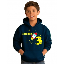 Ich bin 3 Jahre !  - Jahreszahl mit Rakete Sterne Kinder Geburtstag Sweatshirt mit Kapuze HOODIE für Jungen Birthday Gr. 116 cm, 128cm, 140cm Kindergeburtstag feiern, Einladung, Geschenk für Jungs