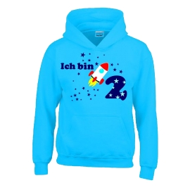 Ich bin 2 Jahre !  - Jahreszahl mit Rakete Sterne Kinder Geburtstag Sweatshirt mit Kapuze HOODIE für Jungen Birthday Gr. 116 cm, 128cm, 140cm Kindergeburtstag feiern, Einladung, Geschenk für Jungs