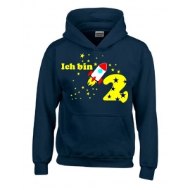 Ich bin 2 Jahre !  - Jahreszahl mit Rakete Sterne Kinder Geburtstag Sweatshirt mit Kapuze HOODIE für Jungen Birthday Gr. 116 cm, 128cm, 140cm Kindergeburtstag feiern, Einladung, Geschenk für Jungs