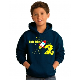 Ich bin 2 Jahre !  - Jahreszahl mit Rakete Sterne Kinder Geburtstag Sweatshirt mit Kapuze HOODIE für Jungen Birthday Gr. 116 cm, 128cm, 140cm Kindergeburtstag feiern, Einladung, Geschenk für Jungs