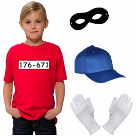 Kinder Set GANGSTER BANDE KOSTÜM - FASCHING - KARNEVAL - T-SHIRT, MÜTZE, MASKE + HANDSCHUHE - Gr: 116 128 140 152 164