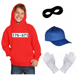 Kinder Set GANGSTER BANDE KOSTÜM - FASCHING - KARNEVAL - Sweatshirt mit Kapuze, MÜTZE, MASKE + HANDSCHUHE - Gr: 116 128 140 152 164