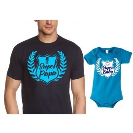 PAPA T-SHIRT + Strampler in Geschenkbox - Set zur Geburt Vater und Baby - Super Papa + Super Baby ! Junge und Mädchen Strampler + Männer T-Shirt  S M L XL 2XL 3XL  Baby Body