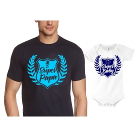 PAPA T-SHIRT + Strampler in Geschenkbox - Set zur Geburt Vater und Baby - Super Papa + Super Baby ! Junge und Mädchen Strampler + Männer T-Shirt  S M L XL 2XL 3XL  Baby Body