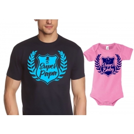 PAPA T-SHIRT + Strampler in Geschenkbox - Set zur Geburt Vater und Baby - Super Papa + Super Baby ! Junge und Mädchen Strampler + Männer T-Shirt  S M L XL 2XL 3XL  Baby Body