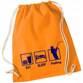 EAT SLEEP FISHING ANGELN ! Gymbag Rucksack Turnbeutel Tasche Backpack für Pausenhof, Schule, Sport, Urlaub