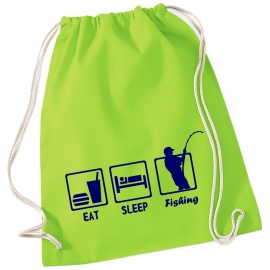 EAT SLEEP FISHING ANGELN ! Gymbag Rucksack Turnbeutel Tasche Backpack für Pausenhof, Schule, Sport, Urlaub