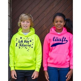 Ich bin 1. Klasse ! NEON KINDER SPORT HOODIES  Sweatshirt mit Kapuze- Neongelb, Neongrün, Neonpink, Neonorange Kinder Einschulung ABC Schützen Schulkind