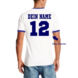 Panama T-Shirt mit DEINEM NAMEN + NUMMER Ringer weiss-blau