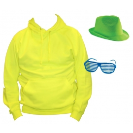 80s Neonkostüm Kostüm 3 Teile 80 ziger Jahre Set Hoodie, Cap, Brille Neongelb S M L XL XXL und Kinderkostüm 3/4 5/6 7/8 9/11 12/13 Jahre