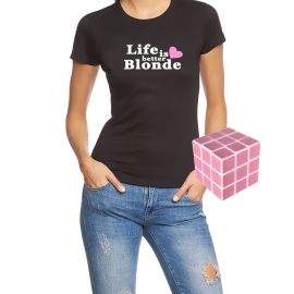 Blondinen Bundle Pink Zauberwürfel + T-Shirt LIFE IS BETTER BLONDE schwarz XS S M L XL XXL Shirt + Pink Cube GeschenkSet