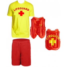 LIFEGUARD Kostüm Rettungsschwimmer Set T-Shirt, Schwimmboje, Badehose,  Rettungsweste Gelb S M L XL XXL 3XL 4XL 5XL