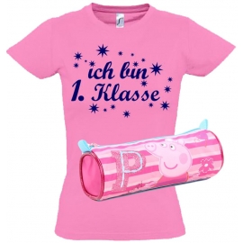 Einschulungsset Peppa Wutz Schlampertasche + T-Shirt zur Einschulung Kindergarten-Schule Ich bin 1.Klasse Gr. 92 - 140cm