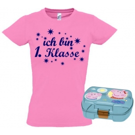 Einschulungsset Peppa Wutz Brotdose + T-Shirt zur Einschulung Kindergarten-Schule Ich bin 1.Klasse Gr. 92 - 140cm